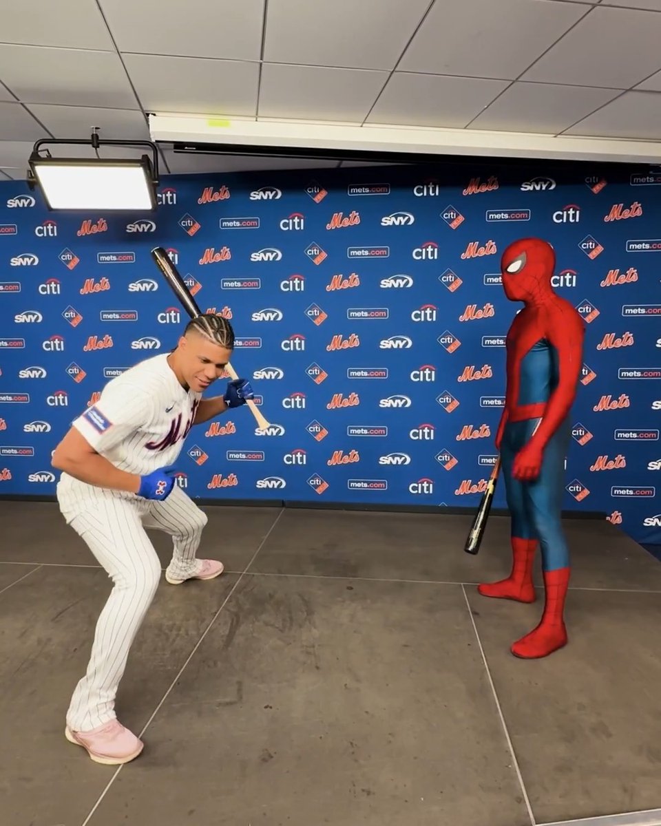 Juan Soto and Spider-Man traded shuffles, and Mr. Met appeared for the pointing meme in a new promo spot 🤣😭