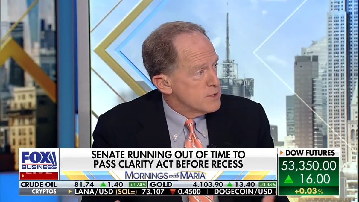 JUST IN: 🇺🇸 Former Senator Pat Toomey says it's "essential the Senate passes the" Clarity Act this week 👀 "We've been working on this for years. The Senate needs to have this vote this week" ‼