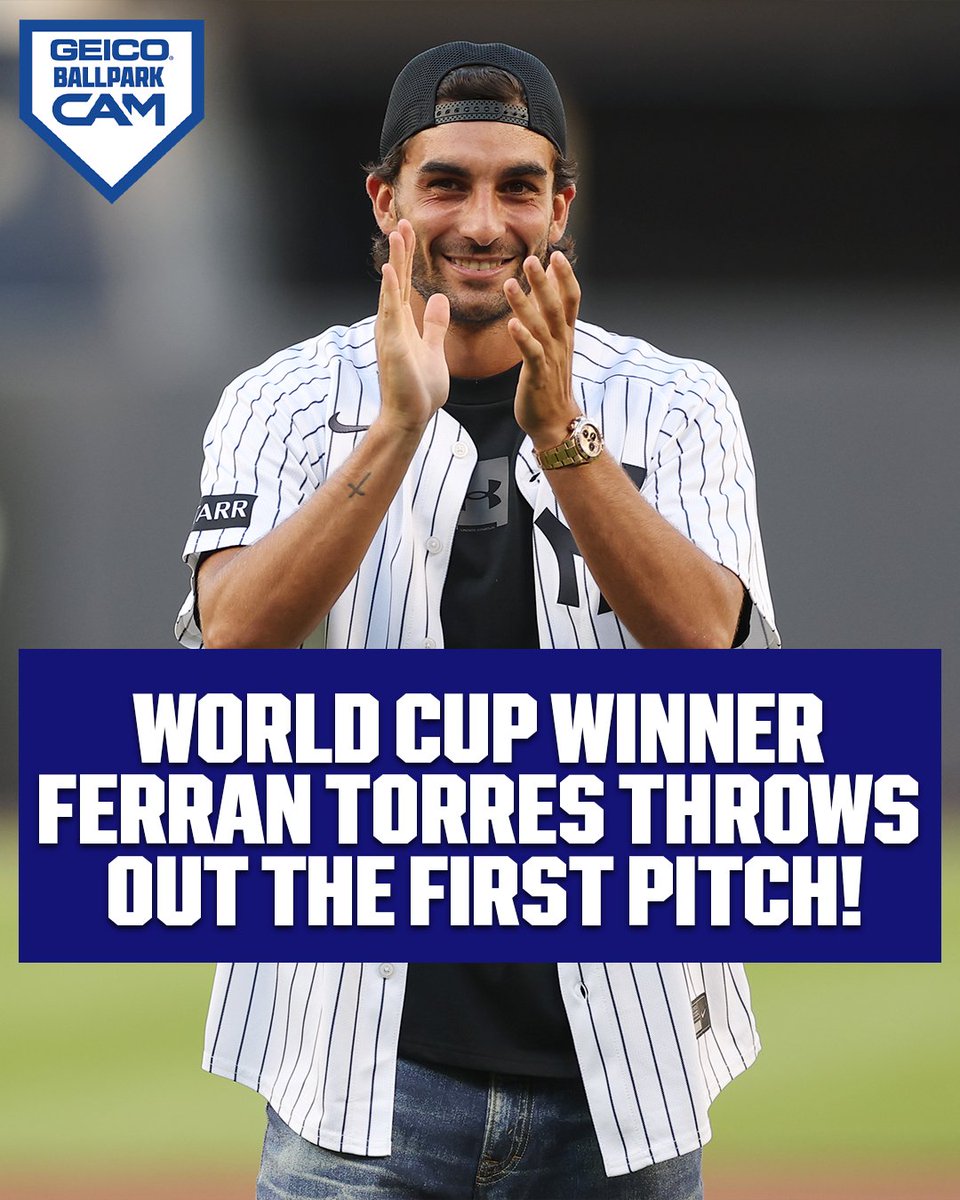 A perfect strike on the pitch and on the diamond! ⚽️ FC Barcelona star and World Cup winner Ferran Torres threw out the first pitch tonight at Yankee Stadium 👏 (via @Geico #BallparkCam)