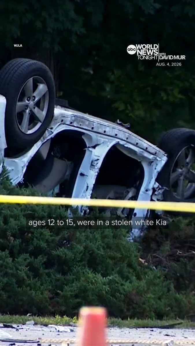 In Germantown, Maryland, police say that seven children between 12 and 15 were involved in a deadly and violent car accident. Their car, a stolen white Kia, had no licensed driver and collided with a blue Toyota, killing the driver. David Muir reports.