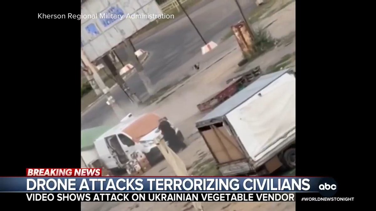 Amid the war in Ukraine, video appears to show a Russian drone in Kherson hunting and chasing a Ukrainian street vendor around his van, before diving down and exploding. The man suffered a concussion, but survived the attack. @TSoufi Burridge reports.