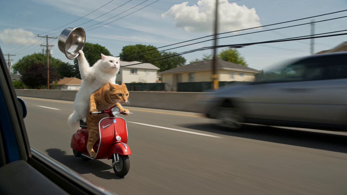 When you forgot to feed your Cats before going to office, now they are chasing you 😂 Seedance 2.0 on Thank You AI prompt A highly realistic cinematic shot filmed from inside a moving car looking out the side window, capturing two cats riding a small red mini motorcycle on a suburban road. An orange tabby cat is driving, gripping the handlebars with both front paws, mouth open in a surprised or determined expression, ears slightly back from the wind. Behind it, a fluffy pure white cat is perched as a passenger, holding up a shiny empty metal food bowl with one paw while the other rests for balance, mouth wide open as if meowing or yelling. The motorcycle is a compact red mini bike with a visible headlight, black tires, and a small license plate area. Background shows a typical American suburban street with houses, trees, power lines, a concrete barrier, other cars passing, and a partly cloudy sky. Dynamic motion blur on the background to convey speed, natural daylight, humorous and absurd vibe.