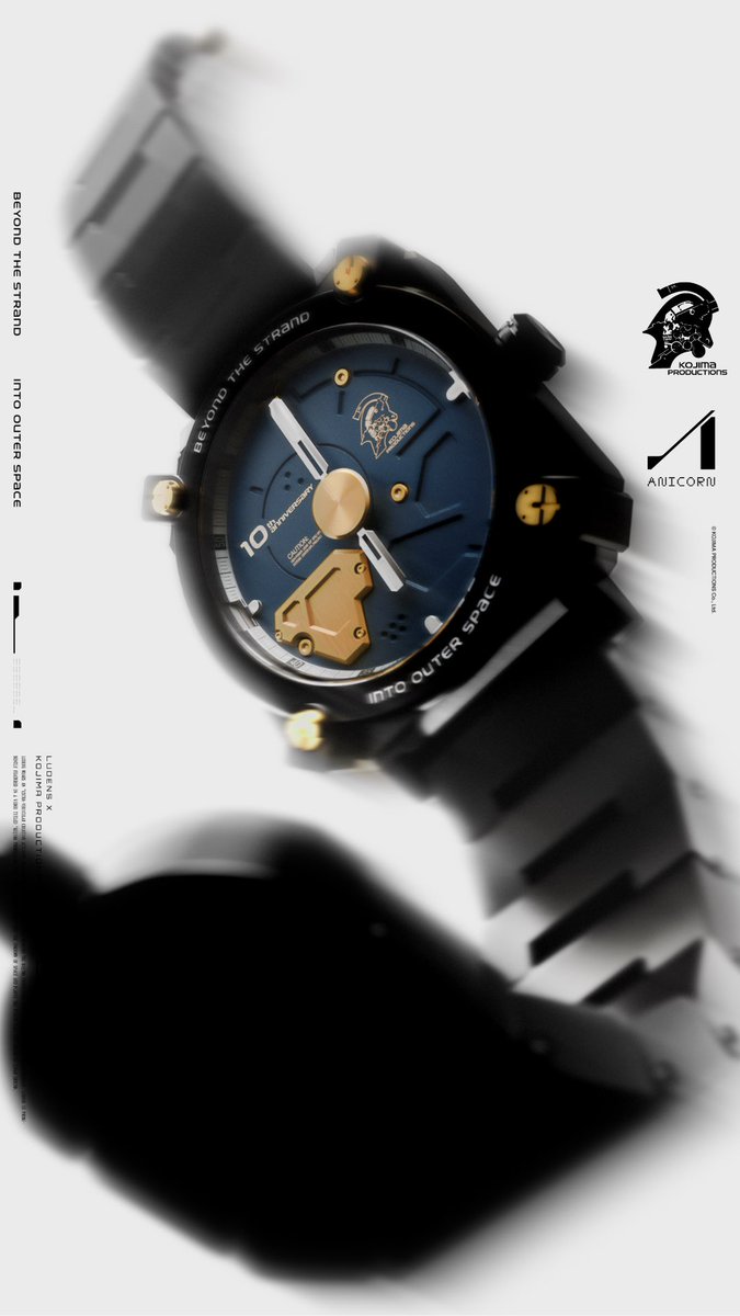 LUDENS X by KOJIMA PRODUCTIONS × ANICORN WATCHES A timepiece supervised by Hideo Kojima & Yoji Shinkawa, created to celebrate the 10th anniversary of KOJIMA PRODUCTIONS. LUDENS X introduces a refined black anniversary expression. A black case, dark technical dial, gold-tone accents, exposed screws, and layered mechanical-inspired panels create the feeling of a sci-fi artifact made for the wrist. Inspired by the Ludens EVA - Extra-Vehicular Activity - Creative Suit, the timepiece carries forward the concept of an “EVA Creative Suit on the wrist.” BEYOND THE STRAND. INTO OUTER SPACE. 小島秀夫 HIDEO_KOJIMA KOJIMA PRODUCTIONS KOJIMA PRODUCTIONS_EN Launches 10PM EDT— 5 Aug, 2026 Exclusively at ___ Animation by morninggiantsstudio Sound & Music by Mark -stereoshoebox #LUDENSX #KOJIMAPRODUCTIONS #ANICORN #TimeDifferent