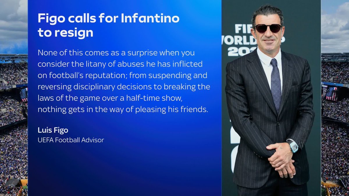 🗣️ "It's too late to save his dignity but it's not too late to save football. He should go. Now" UEFA Football Advisor Luis Figo has launched an astonishing attack on FIFA president Gianni Infantino.