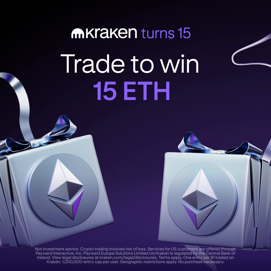 15 ETH could be yours 🫵 To celebrate Kraken’s 15th anniversary, we’re giving 15 traders 15 ETH each! Enroll first, then every eligible $1 traded earns an entry through Aug 31. Enroll now ⤵️