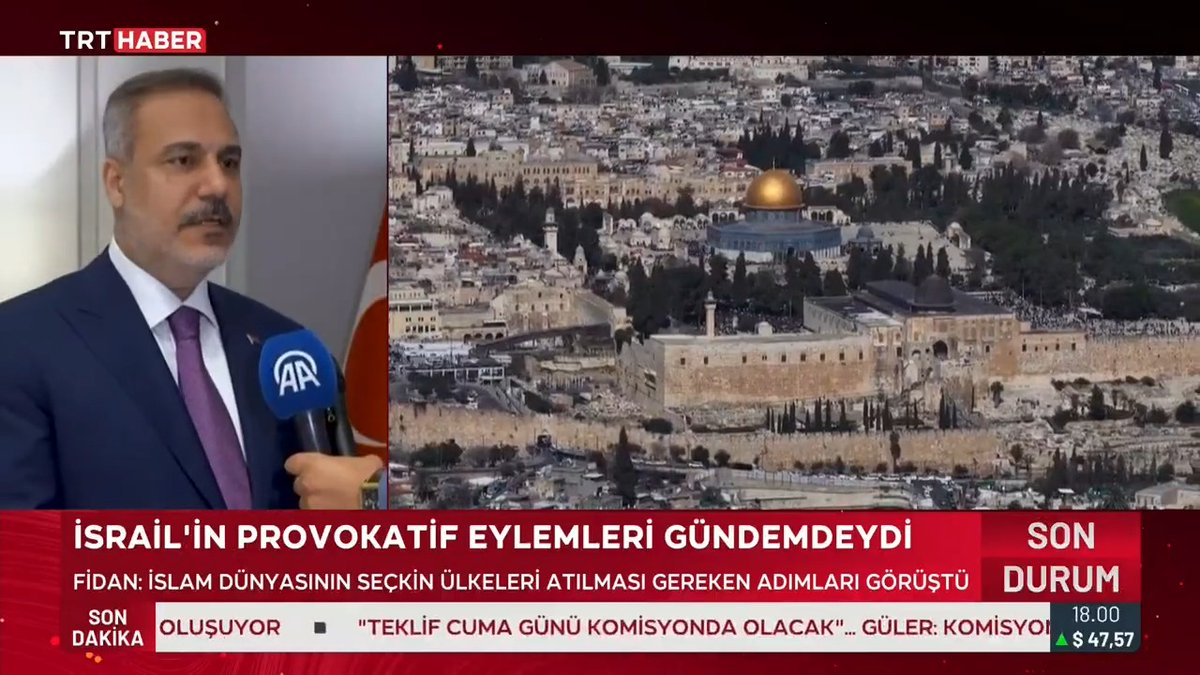 Dışişleri Bakanı Hakan Fidan, Amman'daki Kudüs konulu bakanlar toplantısının ardından TRT ve AA'ya açıklama yaptı. 📌"İsrail'in yayılmacı politikalarını engellemeye yönelik gerekli önlemleri almazsak; bu sadece bölgesel bir kriz üretmekle kalmayacak, küresel kriz üretecek."