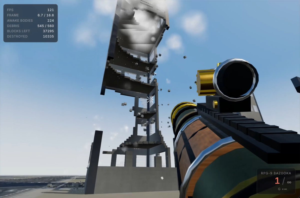 Day 1, first prototype of a shooter with a fully destructible, procedurally generated map. Built in Omma AI, physics by Box3D and Three.js, which handles this kind of thing beautifully.