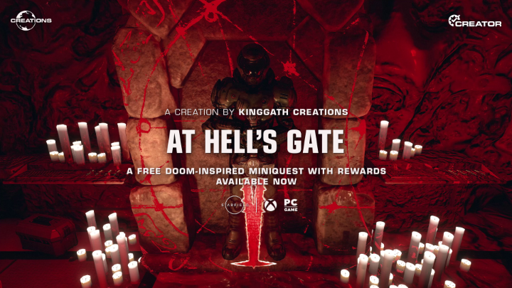 Have you explored the mysteries of At Hell's Gate? Celebrate #QuakeCon week by diving into this free DOOM-inspired mini-quest by Kinggath Creations, including: ⚔️ DOOM Slayer's armor ⚔️ Iconic weapons ⚔️ Plushie collection