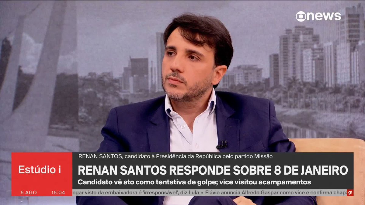 À GloboNews, o candidato à Presidência Renan Santos (Missão) disse que não vai cumprir decisões do Supremo Tribunal Federal que considera ilegais. ➡ #Estúdioi - de segunda a sexta, às 13h, na #GloboNews. Assista na TV e no globoplay