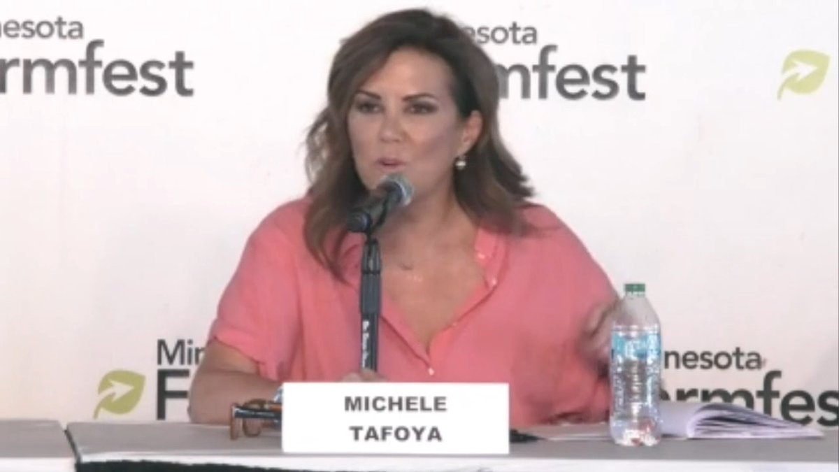 Minnesota GOP Senate candidate Michele Tafoya attacked clean energy and solar panels at Farmfest for being "ugly" and not working at night, asking: "What happens when they're not good anymore?"
