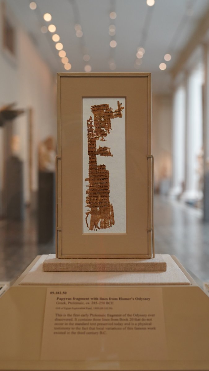 Now on view! This is the first early Ptolemaic fragment of the Odyssey ever discovered. It dates to the beginning of the Hellenistic period, after Alexander the Great, when the Great Library at Alexandria was built and began gathering works of Greek literature. See this fragment on view in Gallery 162. ___ 📜 “Papyrus fragment with lines from Homer's Odyssey,” ca. 285–250 BCE. Miscellaneous-Papyrus.