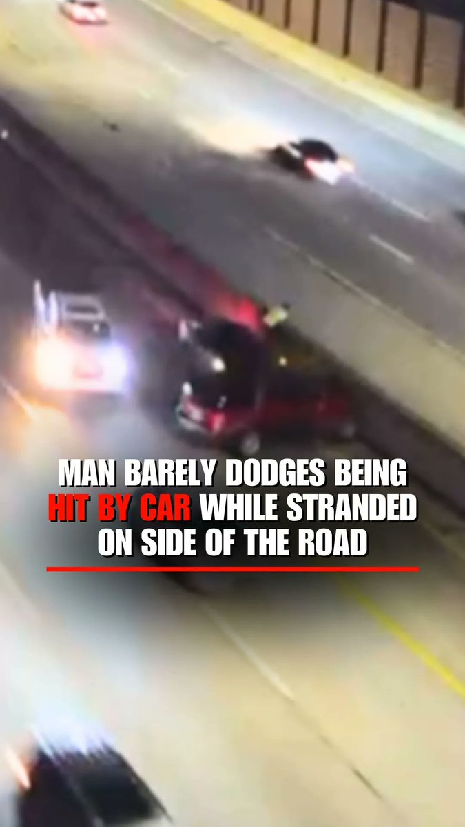 WATCH: A terrifying highway close call was caught on camera when a person narrowly dodged an oncoming vehicle moments before it slammed into a broken-down car on the shoulder of Interstate 670 in Columbus, Ohio. Ohio Department of Transportation footage shows the driver swerving past another vehicle with its hazard lights on before crashing into the disabled car, as the person standing nearby barely escapes being struck.