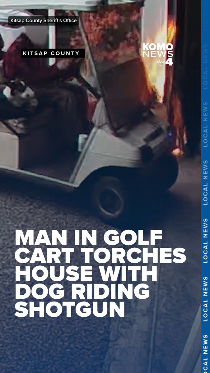 A Port Orchard homeowner escaped injury after investigators say a man riding a golf cart used a torch to set the home’s garage on fire Tuesday in Kitsap County, causing an estimated $175,000 in damage. Video captured the suspected arsonist driving up in a golf cart, along with a dog in the passenger seat, and setting the garage on fire with a torch. Within minutes, the garage was fully involved while a resident was inside the home and unaware of what was happening, according to the information provided. The homeowner was not hurt and told investigators he did not know who the suspect was or why the home was targeted. Full story here: #komo #komo4 #komonews #seattle
