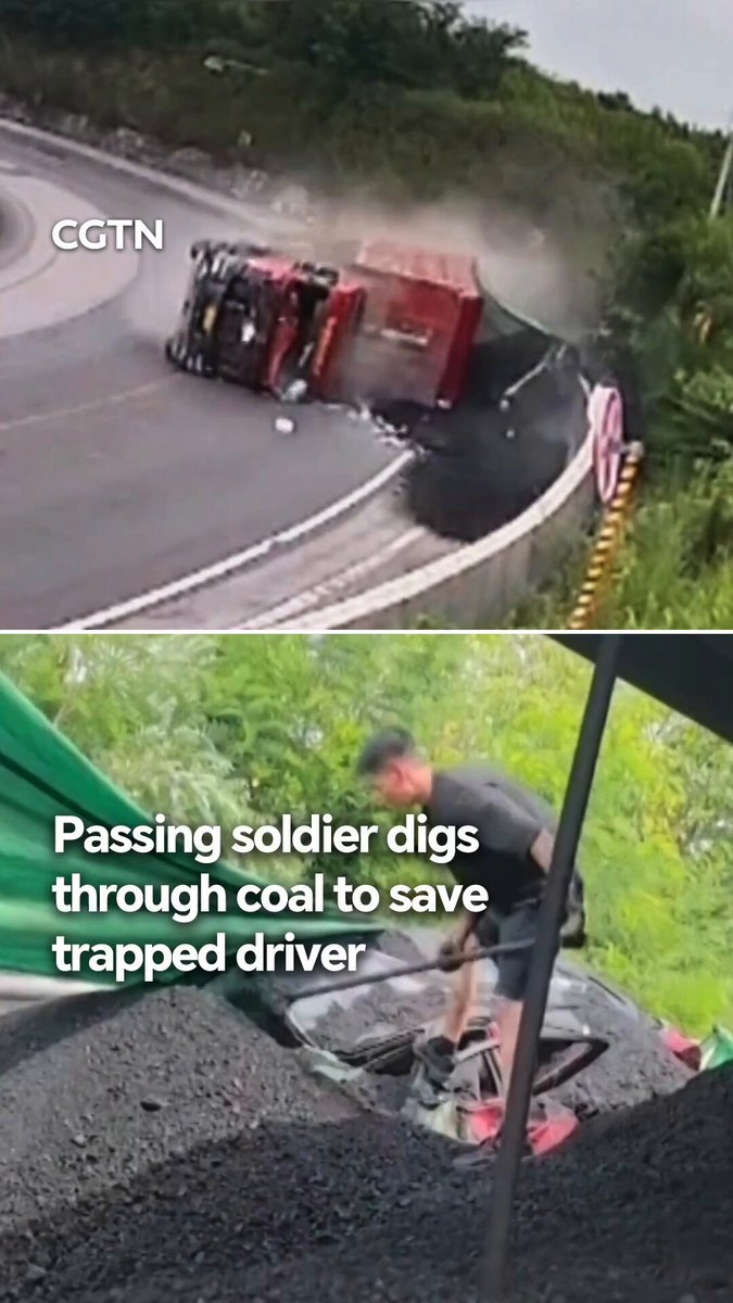 Watch: Passing soldier digs through coal to save trapped driver