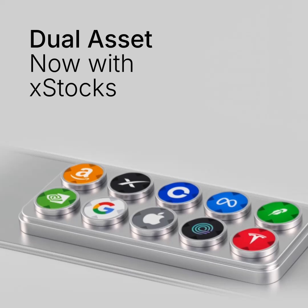 xStocks on Dual Asset just got bigger! Starting today, 4 new assets join the lineup: ✅ TSLAX (Tesla) ✅ METAX (Meta) ✅ CRCLX (Circle) ✅ HOODX (Robinhood) That's 10 tradable xStocks now live on Bybit Dual Asset. #MakeYourMove
