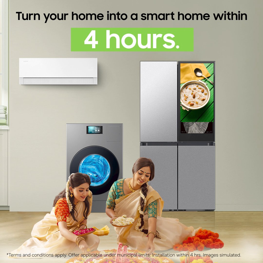 This #Onam, welcome your guests into a smart home. Avail the 4-hour installation offer with the newly-purchased #Samsung Bespoke AI appliances. Limited time offer. T&amp;C apply. Know more: