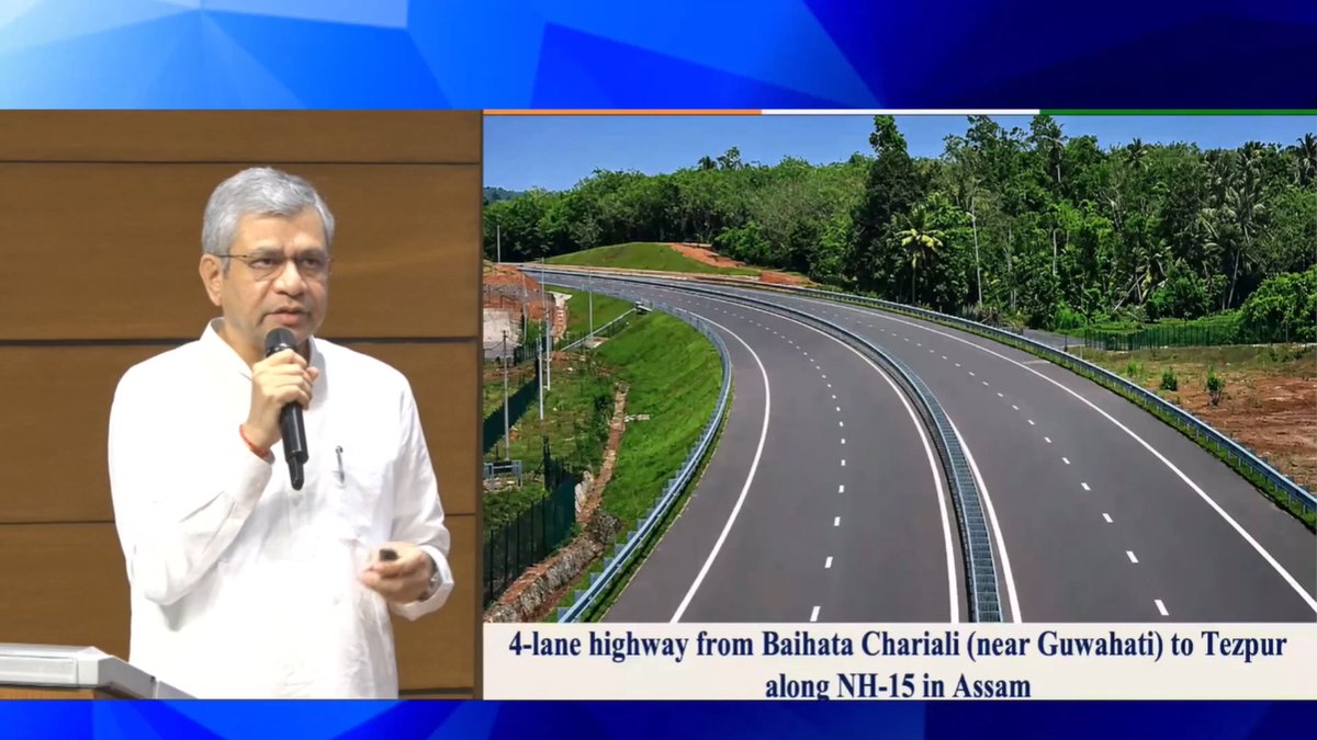 ▪️#Cabinet approves the construction of 135.871 km, 4-lane access-controlled Guwahati-Tezpur Corridor of NH-15 in Assam. ▪️The project will be developed at a total capital cost of Rs. 8970.20 crore. ▪️It will be developed as an access-controlled corridor with open tolling and Advanced Traffic Management System (ATMS) provisions throughout the project stretch. -Union Minister Ashwini Vaishnaw #CabinetDecisions MORTHINDIA
