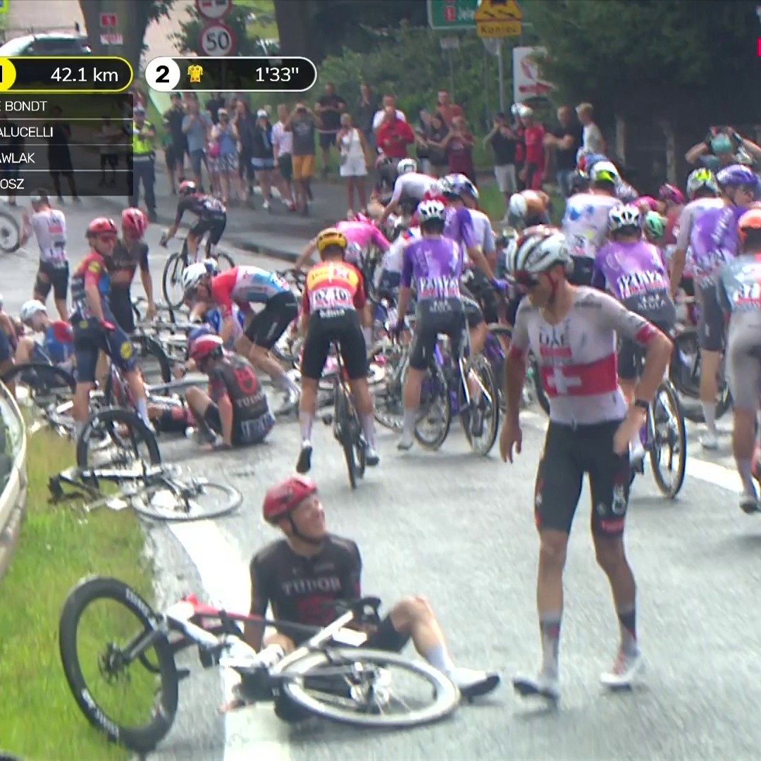 La 4e étape du Tour de Pologne a été interrompue à 40km de l'arrivée après une grosse chute dans le peloton. Joao Almeida (UAE Emirates-XRG) figure parmi les coureurs touchés, comme ses coéquipiers Jan Christen et Juan Sebastian Molano. #TDP2026