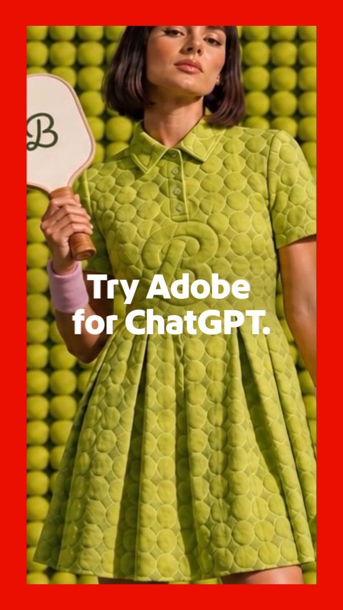 Big news: a new Adobe plugin is now available in OpenAI's ChatGPT! 70+ tools, including Adobe Photoshop, Adobe Firefly, Adobe Lightroom, and Adobe Acrobat, all in one chat. Mock up your photos. Repurpose a video for any platform. Turn a template into a polished PDF. Learn more: