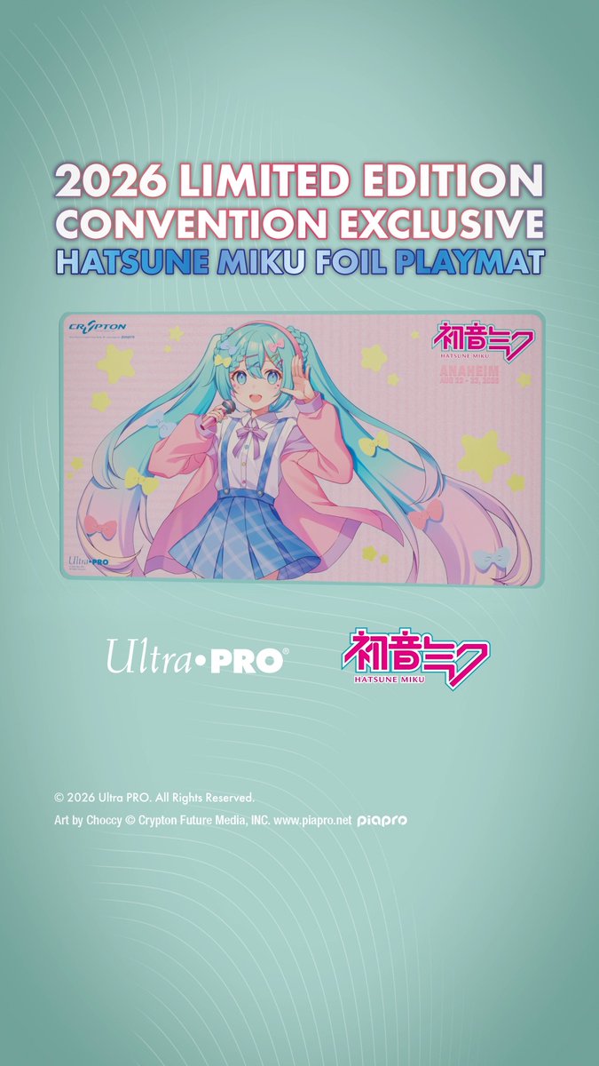 This deserves a song! 🎶 Hatsune Miku takes center stage in our new Anime Impulse 2026 exclusive playmat, available at the Ultra PRO booth (#M1) only this weekend! Decked in shiny foil highlights✨, Miku is ready to dazzle wherever you take her! Don't miss out on this gorgeous exclusive!💫 #UltraPRO #AnimeImpulse #HatsuneMiku