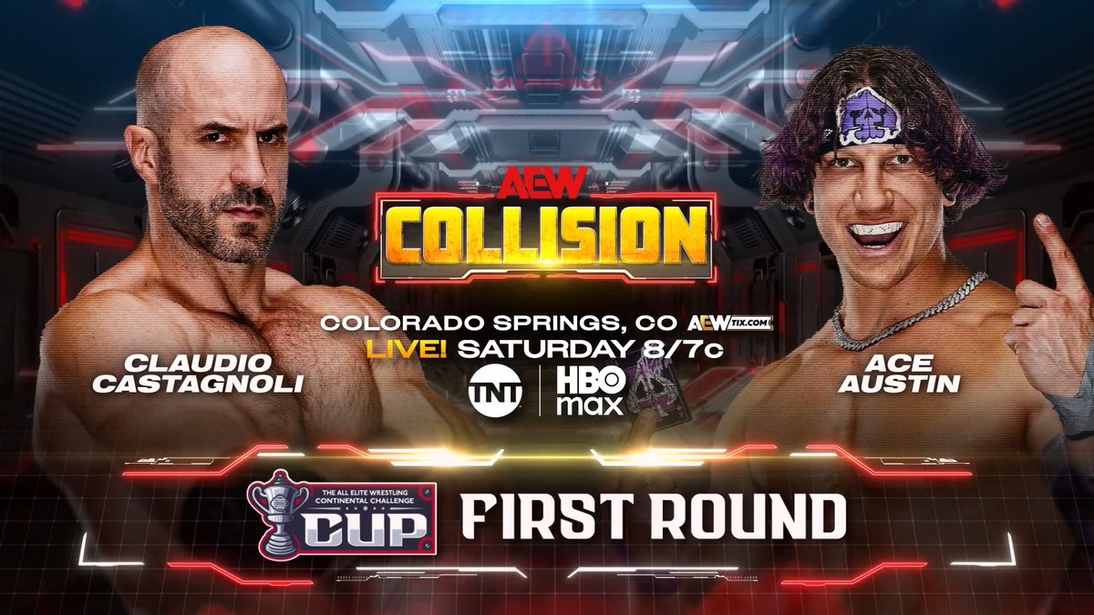#AEWCollision 8/7c, TNT & HBO Max This Saturday, 8/8 AEW Continental Challenge Cup First Round Claudio vs Ace Austin 👆🏼♠️ エース・オースティン The battle between the Death Riders & Bang Bang Gang comes to the Continental Challenge Cup when Claudio Castagnoli COLLIDES vs Ace Austin, SATURDAY!