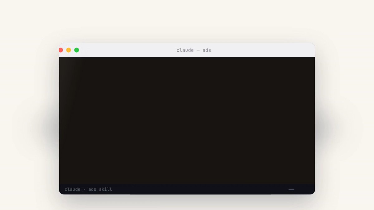 Today we're launching Claude for ads. One skill turns it into a full creative team: > Drop a product URL: a finished ad comes back > Say "five different hooks": all five run at once > 9:16, 16:9 and 1:1 from the same prompt Comment "ADS" and I'll send you the skill. 👇