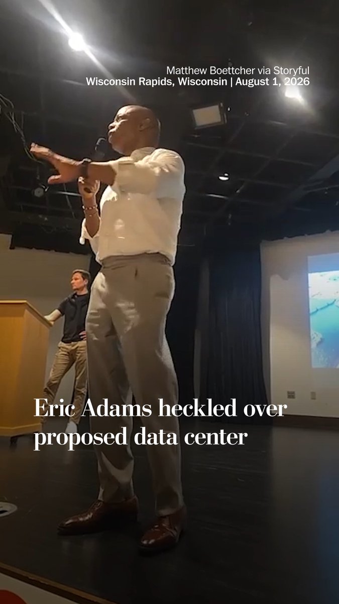 Audience members heckled former New York mayor Eric Adams when he appeared at a public meeting in Wisconsin Rapids, Wisconsin, to speak on a proposed data center in the area.