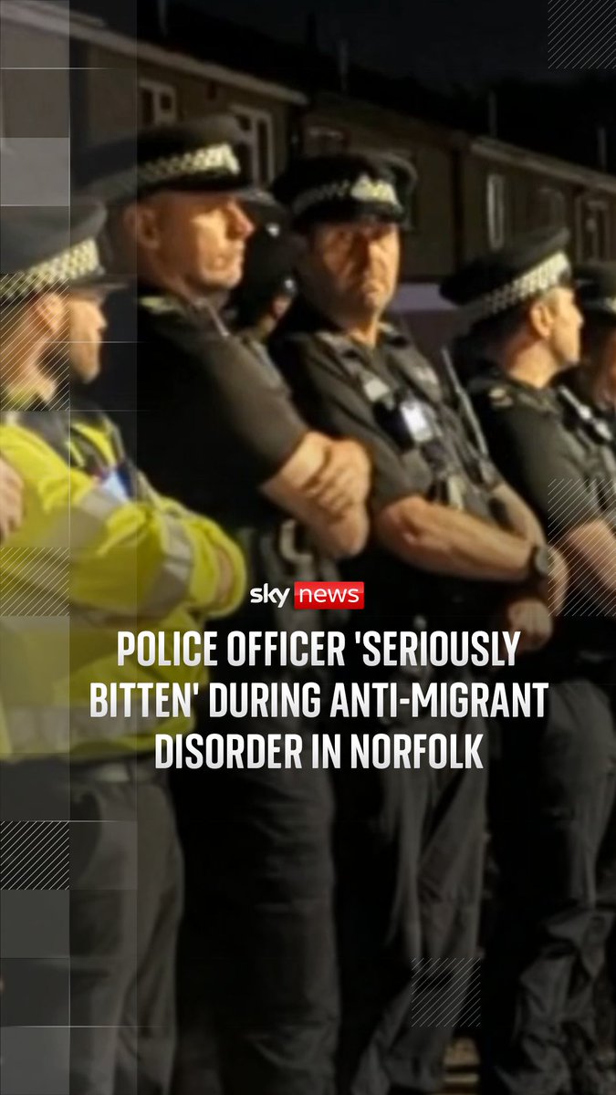 A police officer has been "seriously bitten" during an anti-migrant protest in Norfolk. Demonstrators were pulling people from their homes and damaging properties, claiming asylum seekers were living there. Sky's Mollie Malone reports
