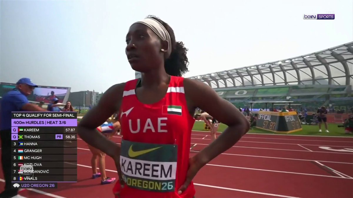 🏃‍♀️✨🇦🇪 تأهلت الإماراتية مريم كريم إلى الدور نصف النهائي لسباق 400 متر حواجز للشابات ضمن بطولة العالم لألعاب القوى للشباب