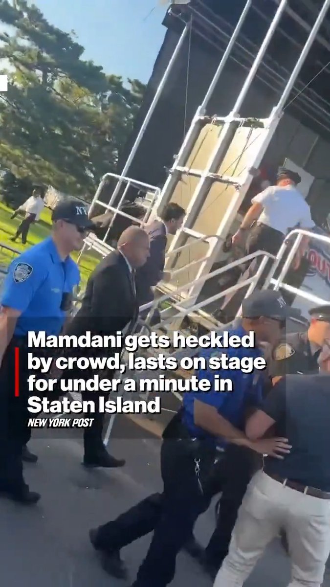 Mamdani didn't even last a minute before he was heckled offstage at an NYPD event in Staten Island. Being screamed at during an event. I sure can relate to that. I mean, Mamdani was screamed at because he went to an NYPD event after publicly saying the NYPD should be defunded. I've been screamed at for existing as an Israeli Jew. So not exactly the same.