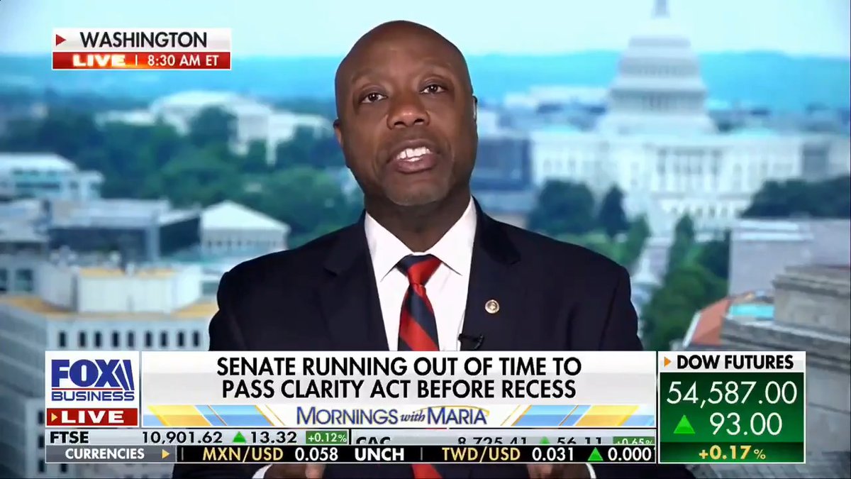 Chairman Senator Tim Scott to FOX Business’ Maria Bartiromo: Passing the Clarity Act will create clear rules of the road for digital assets and strengthen America’s leadership in the future of finance.