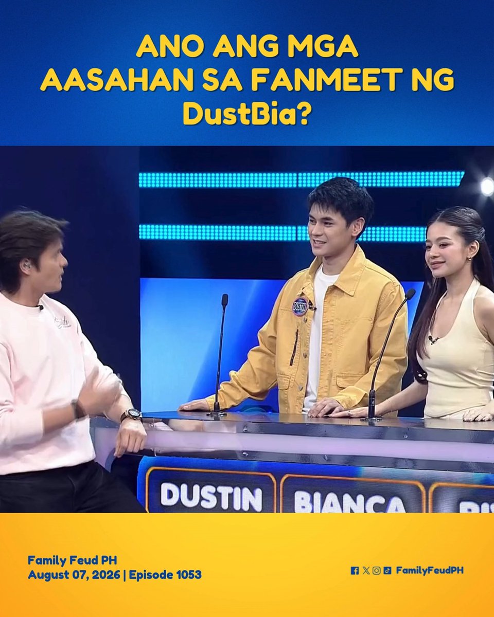 #FamilyFeudPH #SneakPeek: Kilig overload sa inyo DustBia! Abangan sila ngayong 5:35 PM na! Bumisita sa at panoorin ang Kapuso Stream, weekdays, 5:35 PM sa Family Feud PH's Facebook at YouTube.