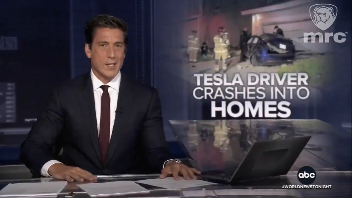 WATCH: World News Tonight continues their jihad against Elon Musk and Tesla- consistently the only vehicle brand cited by name in their traffic accident coverage. DAVID MUIR: Tonight, a frightening scene in Orange County, California. An out-of-control Tesla crashing through a wall and right into multiple homes. Here's Trevor Ault. TREVOR AULT: Tonight, a trail of destruction in a Southern California neighborhood after police say an out-of-control Tesla crashed through a brick retaining wall and into homes. BYSTANDER: He had to be going at least- in a Tesla, you know, they're quick. Must have been going 100 miles an hour. AULT: Investigators say the 22-year-old driver suffered a medical emergency and lost control, the car careening some 20 feet down that embankment, slamming into multiple homes and crashing through this garage door. This is what it looked like from the inside, debris shattering windows. And on one home there were tire marks spotted ten feet up. It happened just after midnight in Orange County, California, near Los Angeles. Authorities say first responders had to pull the driver from the car, but he was not seriously hurt from the crash. And while many people were in the homes at the time, none of them were injured. David, it's not clear what that medical emergency was, but investigators say they don't believe the driver was impaired, and this was not the result of Tesla's autopilot mode. The investigation is ongoing. David. MUIR: Trevor Ault in Los Angeles. Trevor, thanks.