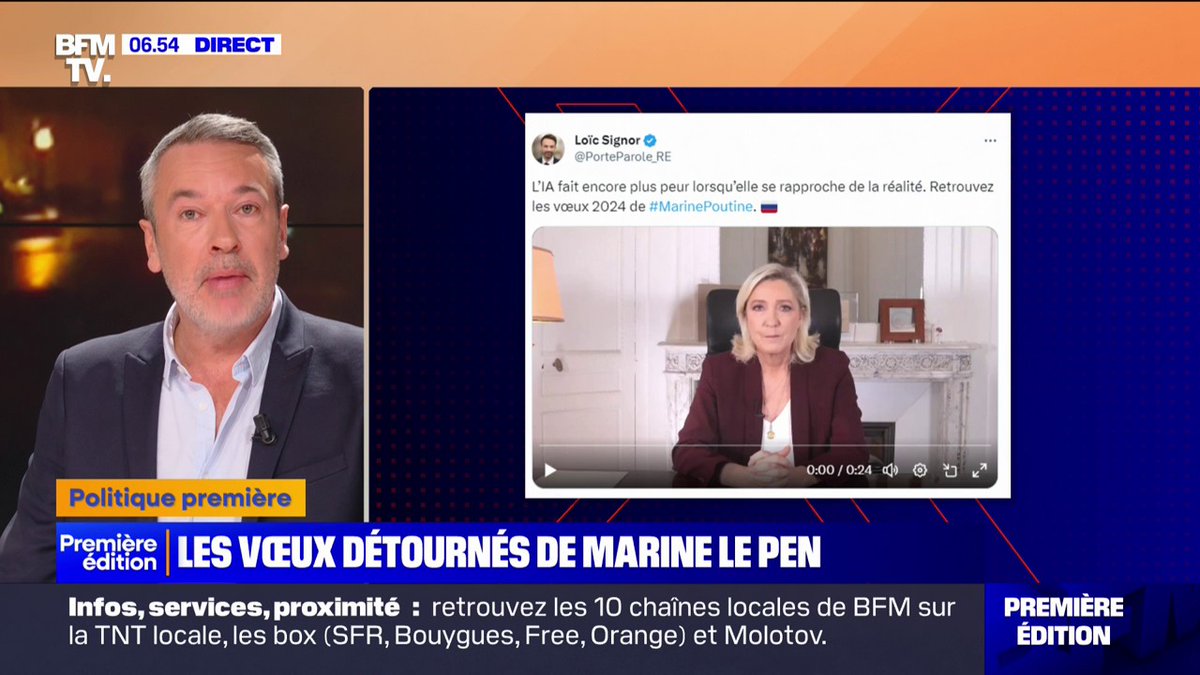 🔴🇫🇷 ARCHIVE Quand Renaissance avait fait un montage en faisant parler Marine Le Pen en russe. Le parti d'Emmanuel Macron et de Gabriel Attal avait diffusé ça lors de la fin d'année pour que le plus de français puisse le voir.