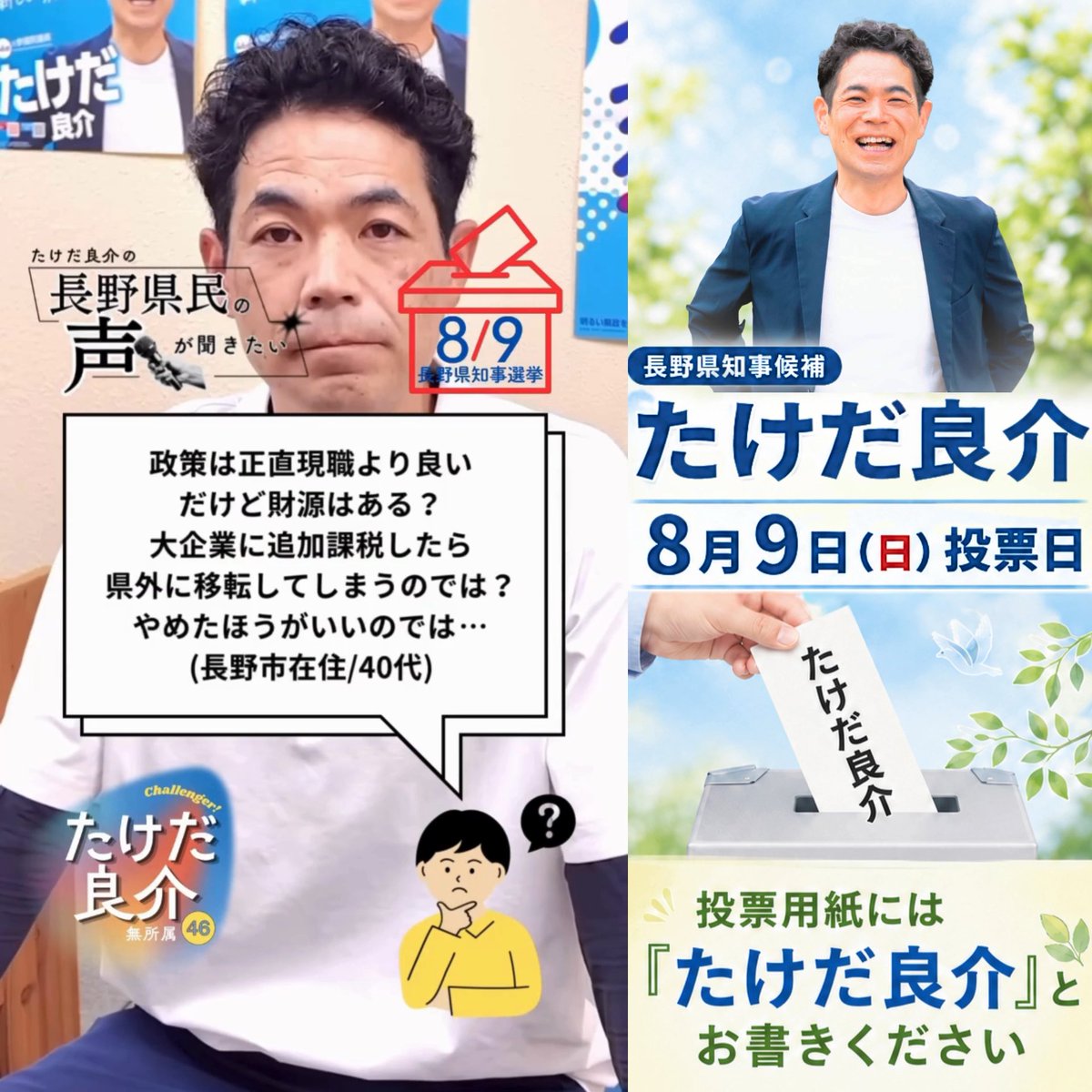たけだ良介の #長野県民の声が聞きたい 「財源はあるのか、絵に描いた餅ではないか」。お答えします。 東京や神奈川ですでに導入されている基準で法人事業税をいただけば、年間13億〜17億円が新たに生まれます。 「企業が県外に逃げるのでは」という心配もありますが、対象となる大企業でも増税額は平均数百万。移転費用や雇用維持を考えれば、それで出ていく判断にはならないと考えます。 得られた財源は、水道料金の引き下げや子育て支援へ回し、県民所得との好循環をつくりだします。（つづく） #たけだ良介 #長野県知事選挙