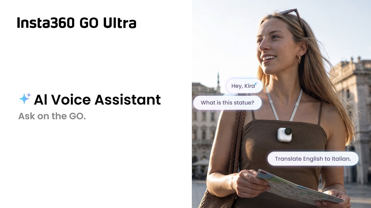 GIVEAWAY LIVE 🎁 Meet Kira ✨ the AI voice assistant on GO Ultra. Go anywhere, translate anything. Say ""Hey Kira,"" she'll do the rest. Free update, rolling out now and on every GO Ultra by August 9. WIN an Insta360 GO Ultra Standard Bundle: follow Insta360, like & tag 2. Aug 7–19. 👉