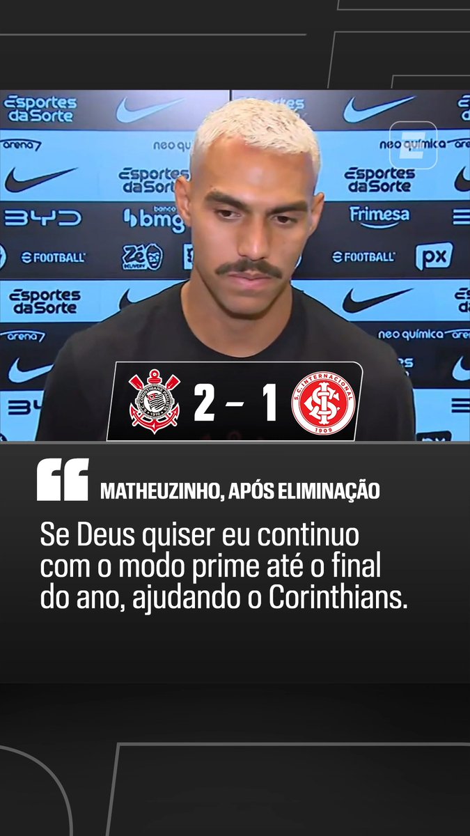 NO MODO PRIME? Na zona mista após a eliminação do Corinthians na Copa do Brasil diante do Internacional, Matheuzinho falou sobre o futuro da temporada alvinegra e disse que "espera ficar no modo prime até o final do ano" #FutebolNaESPN #Corinthians