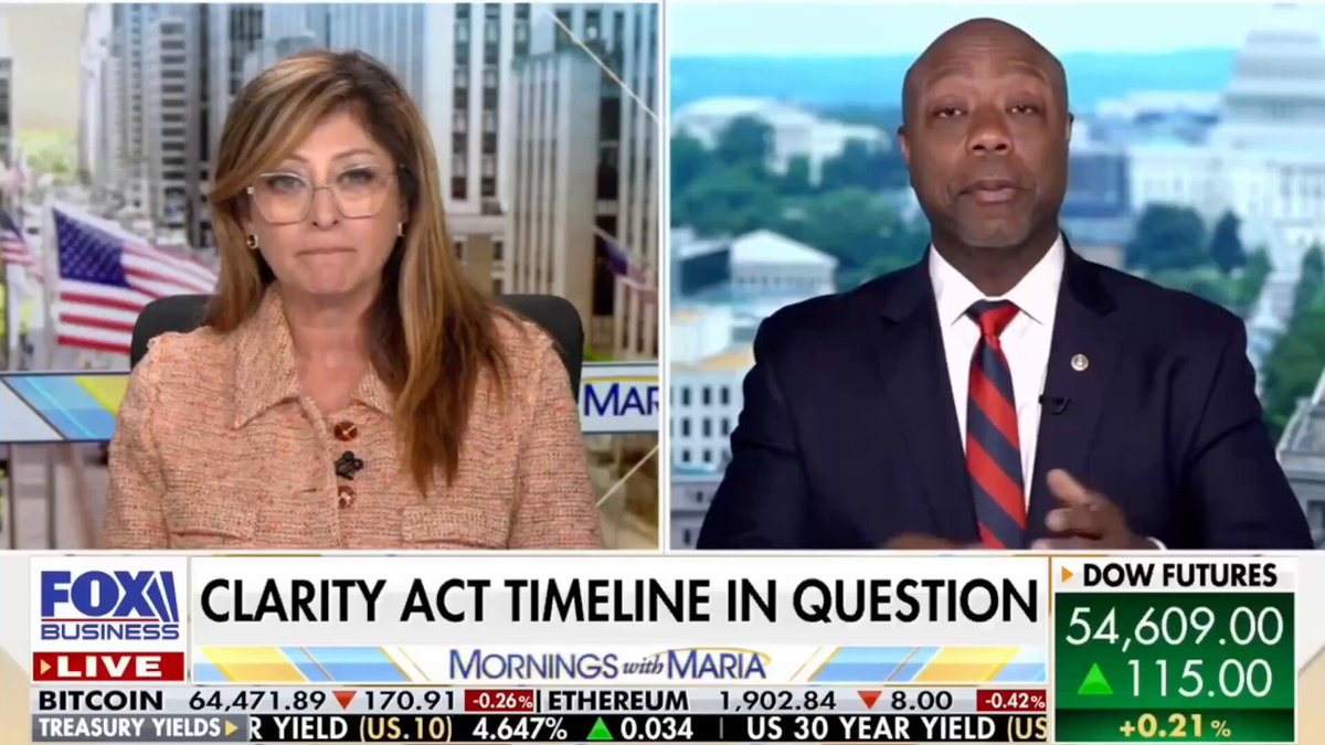 NEW: "We'll be here longer than just the next 2 days. We might be here much longer. So the good news is we have the time to get it done," says Sen. Tim Scott on CLARITY Act this week. Scott called it "a really important time for us" saying the Senate should vote before leaving.