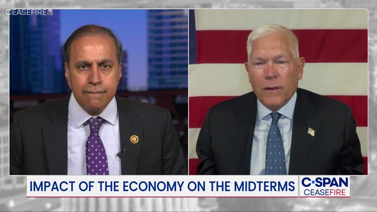 Reps.Congressman Raja Krishnamoorthi and Pete Sessions discuss economy's impact on the midterm elections. Sessions: "Anytime gasoline is...at $4 and above, the party that is in power is going to suffer." Watch Ceasefire with host Dasha Burns – 7pm ET on C-SPAN