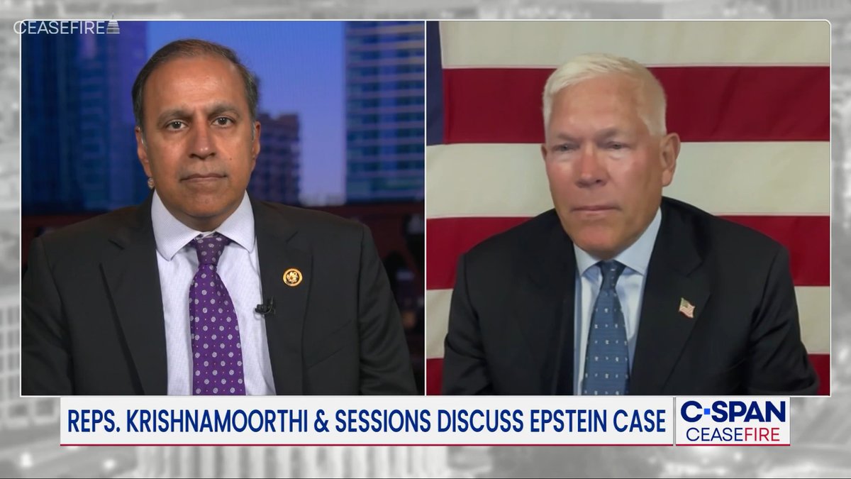 Reps.Congressman Raja Krishnamoorthi and Pete Sessions discuss Epstein Files. Krishnamoorthi: "President Trump is not as fully cooperative as we would like." Sessions: "There are lots of questions that neither side can answer." Watch Ceasefire with host Dasha Burns – 7pm ET on C-SPAN