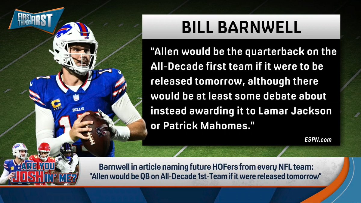 Barnwell: Allen would be All-Decade 1st-Team QB if released tomorrow; some debate about Lamar or Mahomes. nick wright reacts: “I’m so stunned… If somebody wanted to say it’s Mahomes, Lamar Stafford, Allen... it’s a more acceptable opinion than having Josh Allen #1.”