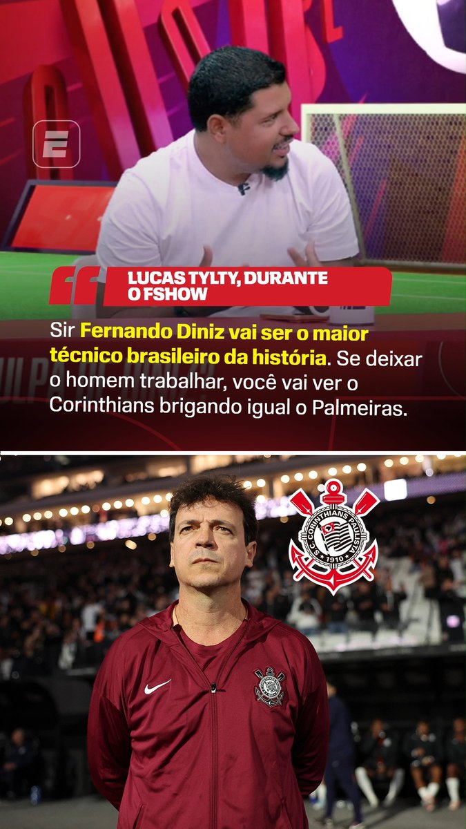 Tylty exalta Fernando Diniz!🤩 Tylty afirmou que acredita no potencial de Fernando Diniz e disse que, com tempo para trabalhar, o Corinthians pode brigar de igual para igual com o Palmeiras. #FutebolNaESPN #Corinthians