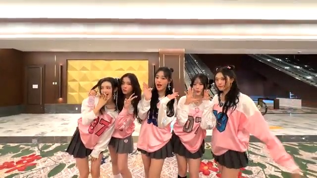 NewJeans doing their 2023 SBS Gayo Daejeon dance break in a lobby after the live broadcast messed up the camerawork.