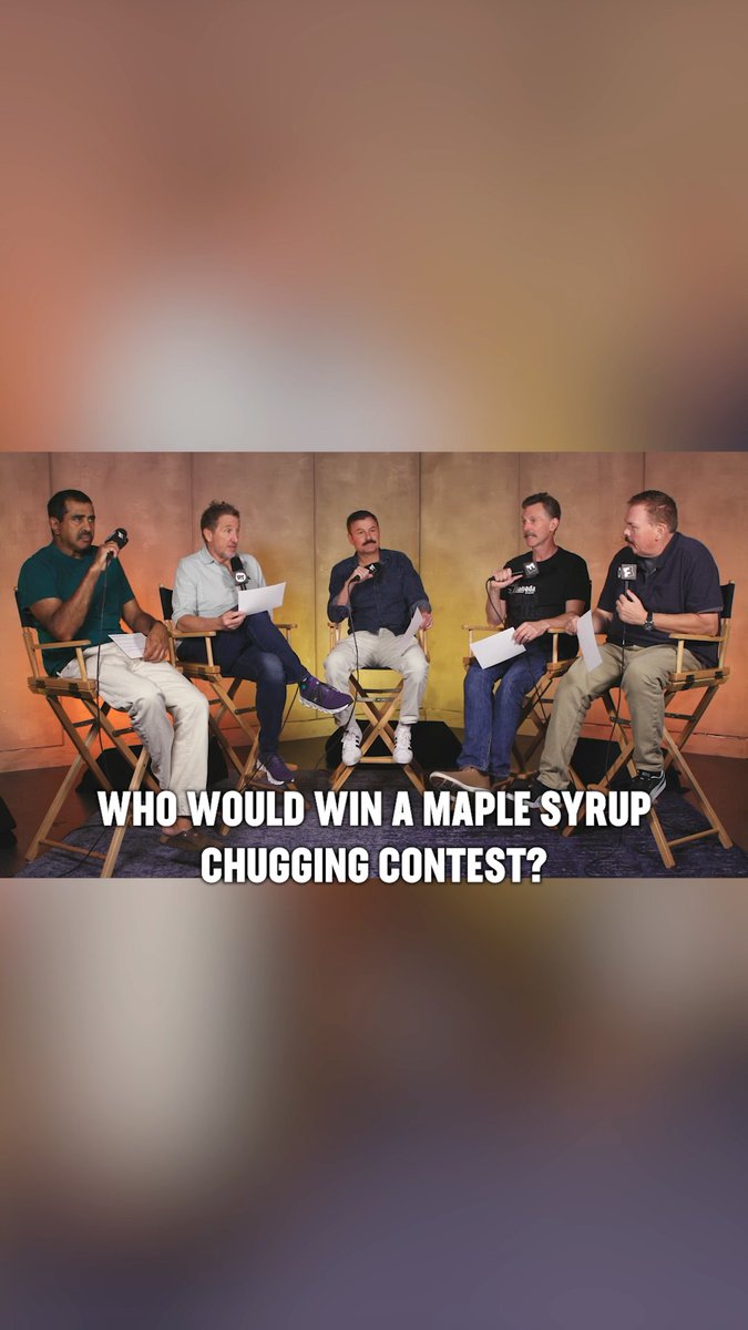 The cast of #SuperTroopers3 debate who would be crowned the winner of a maple syrup chugging contest. 😂