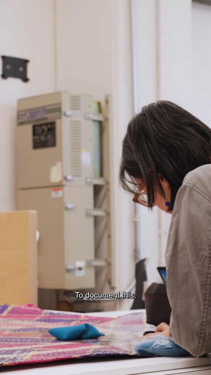 The Art of Conservation: Yee I-Lann's "TIKAR/MEJA"🧵 Go behind the scenes with Objects Conservator Esther Chao as she monitors the colors of Yee I-Lann's "TIKAR/MEJA” (series of 6), (2018-2019.) Using a color spectrophotometer, she measures the vibrantly dyed Pandanus leaves to establish a baseline and track any natural changes that may occur while the works are on view. This careful monitoring helps her ant the team better understand how light and time affect the artworks throughout the course of the exhibition. See this work on view in "Guggenheim Pop: 1960 to Now." The exhibition and the conservation of the artworks are made possible by Ornellaia (@ornellaiawinery).