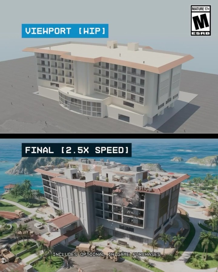 💥 Built to break. The hotel on Tsuru Reef evolved through countless iterations into the fully destructible environment featured in #Battlefield6. Always rewarding to see how far an environment comes. Shoutout to the talented developers at Battlefield Studios 🫡