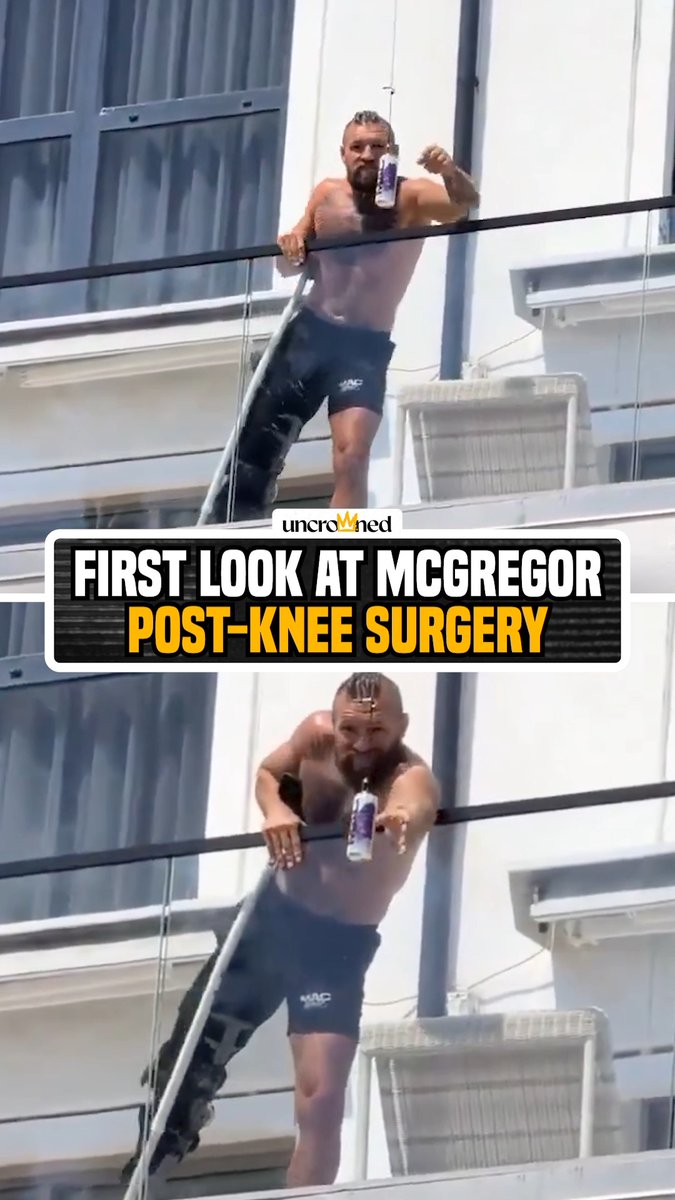 Almost a 10-8 round for the drone 😅 Conor McGregor was seen in full knee brace grabbing an energy drink from a drone.