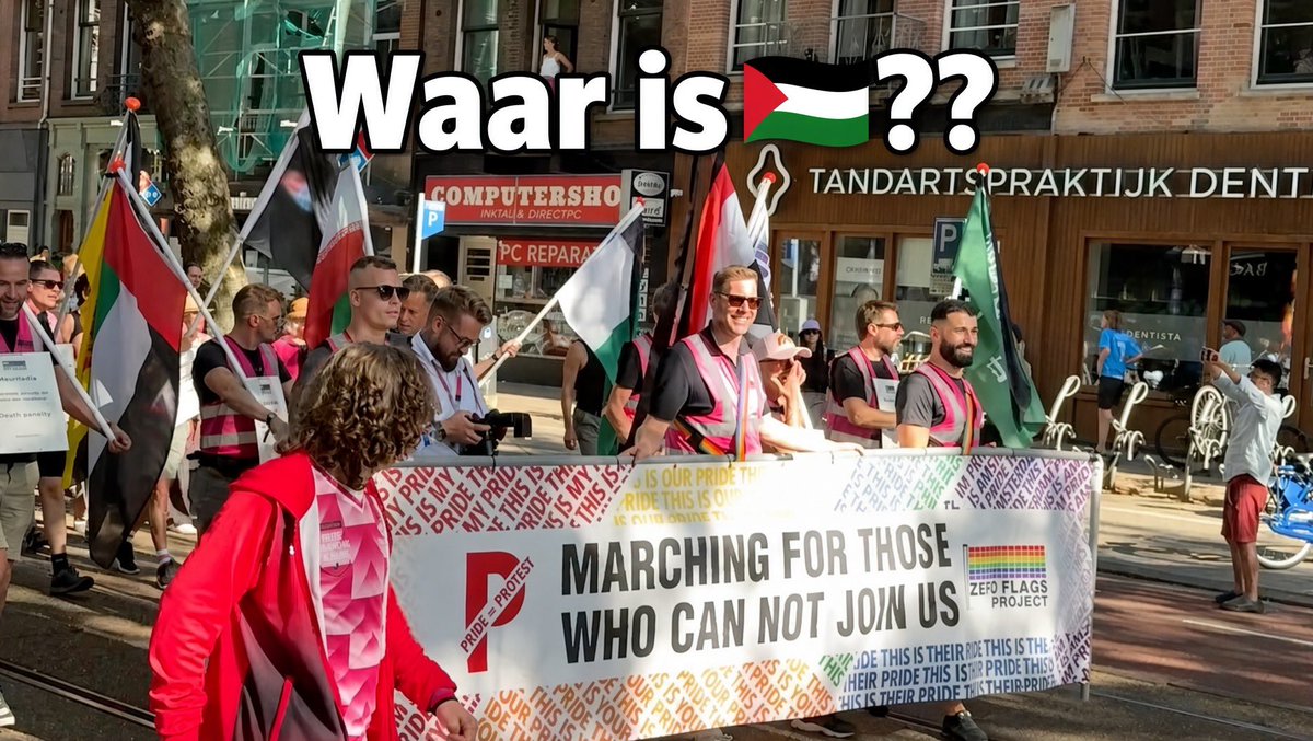 Vlaggen van alle landen waar lhbti'ers worden onderdrukt of strafbaar zijn. Eén opvallende afwezige in het officiële herdenkingsblok: de Palestijnse vlag. Zou die er op de rest van de World Pride March écht niet tussen zitten? Wordt vervolgd...