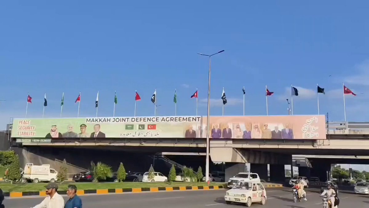 Islamabad’s Constitution Avenue is decorated with Pakistani, Saudi and Turkish flags following Friday’s signing of the landmark Makkah Joint Defense Agreement.