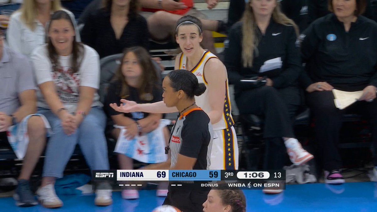 Caitlin Clark received a technical foul on this play for making extra contact with an official. As a result, she will be suspended in the Fever's next game.